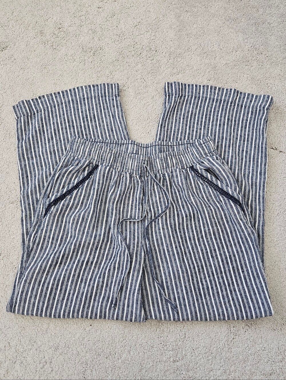 Briggs Linen Blend Striped Wide Leg Womens Medium Striped Pants Navy White